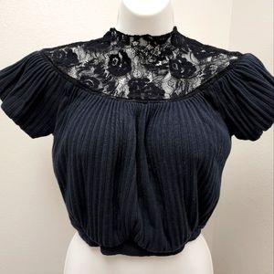 Free People Women's Black Blouse Crop Top Boho Lace Neck Gold Buttons Size XS
